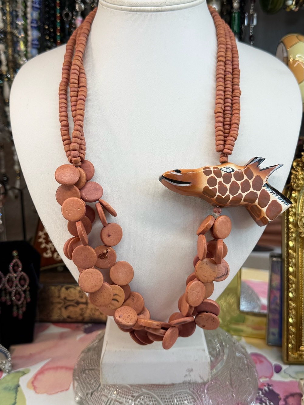 Handcrafted Giraffe Pendant Wood Bead Necklace - Terracotta Brown